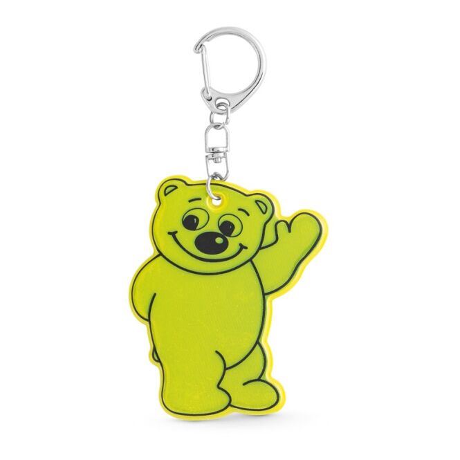 Werbegeschenk Schlüsselanhänger BERRY – gelb – mit Logo bedruckt, fluoreszierende Bärenform 70x60mm, ideal als Messe-Werbemittel