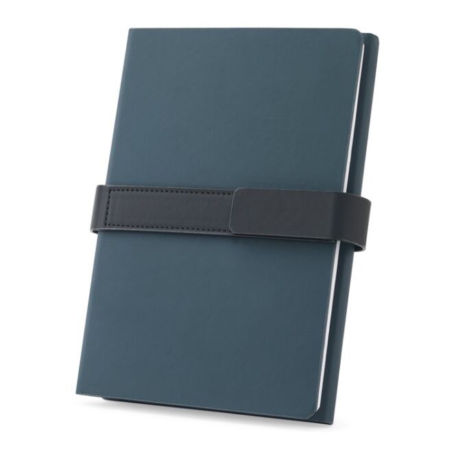 Mitarbeitergeschenk Notizbuch SANDERSON – blau – mit Logodruck 80% recyceltes PU 150x210mm FSC-Papier 128+128 Seiten nachhaltiges Journal