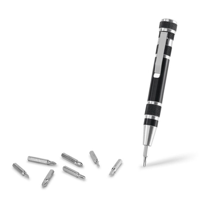Mitarbeitergeschenk Multitool TOOLPEN – schwarz – mit Logo bedruckt 16x109mm mit 8 Bits vielseitiges Multifunktionswerkzeug