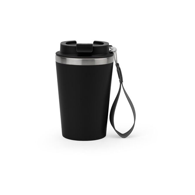 Firmengeschenk Thermobecher SPITZ – schwarz – mit Logodruck 460 ml nachhaltiger Mehrwegbecher für das Mitarbeiter-Onboarding