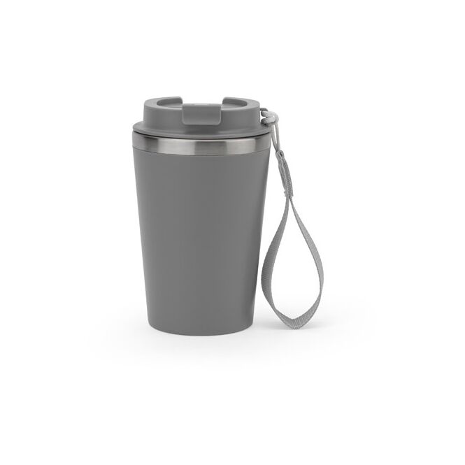 Firmengeschenk Thermobecher SPITZ – grau – mit Logodruck 460 ml aus nachhaltigem Edelstahl für das Mitarbeiter-Onboarding