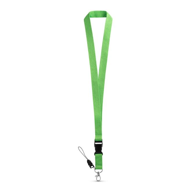 Werbeartikel Schlüsselband ANQUETIL – hellgrün – mit Logo bedruckt 20 mm mit abnehmbarer Schnalle und Metallkarabiner als Lanyard für Messen
