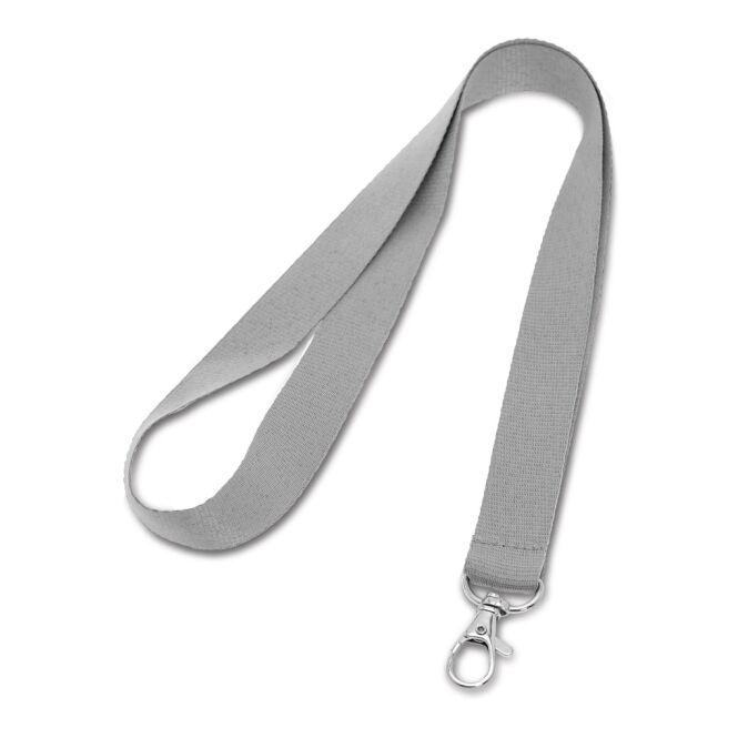 Messeartikel Schlüsselband LARIAT – hellgrau – mit Logo bedruckt 20 mm 480 mm Metall-Karabinerhaken als Lanyard für Messen und Events