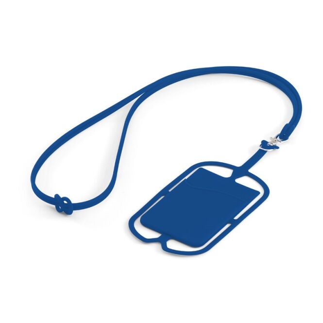 Messeartikel Ausweishülle NICOLAUS – königsblau – mit Logo bedruckt 57x86mm aus Silikon mit Smartphone-Halter als Event-Badge für Messen