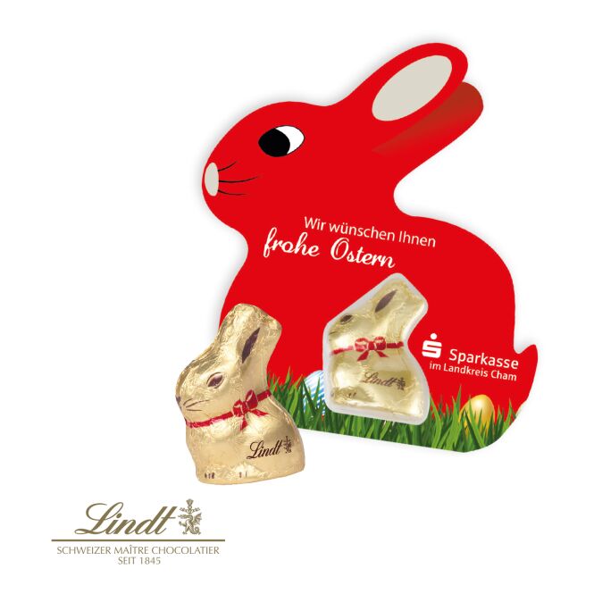 Oster-Werbeartikel Lindt Goldhase Schokokarte – ostern – inkl. Werbeaufdruck als süßes Oster-Werbegeschenk für Kunden und Geschäftspartner