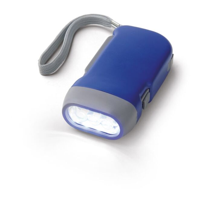 Werbeartikel Taschenlampe EDDIE – blau – mit Werbedruck 3-LEDs Dynamo-Energie & Batterien inkl. 100x50x25mm kompakter Lichtspender
