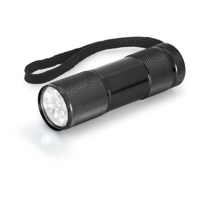 Werbeartikel Taschenlampe FLASHY – schwarz – mit Logo bedruckt, 35 Lumen, 9 LEDs, inkl. 3 AAA-Batterien, Ø26x90mm helle Handleuchte