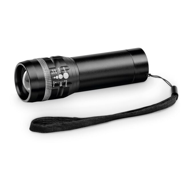 Mitarbeitergeschenk Taschenlampe ZOOMIN – schwarz – mit Lasergravur 1W 60 Lumen LED 3 Lichtmodi kompakter Lichtspender