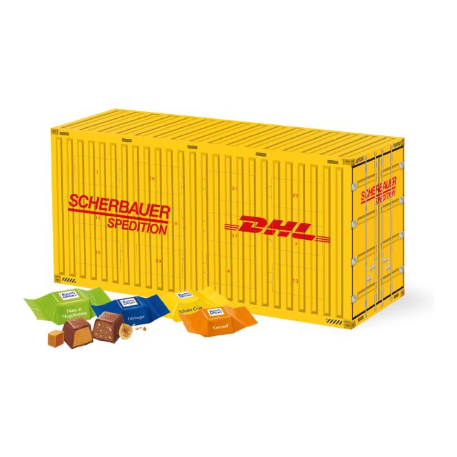 Firmengeschenk Lindt 3D Adventskalender Container – weihnachtlich – mit bedrucktem Etikett ca. 200g als Weihnachtsgeschenk für Mitarbeiter