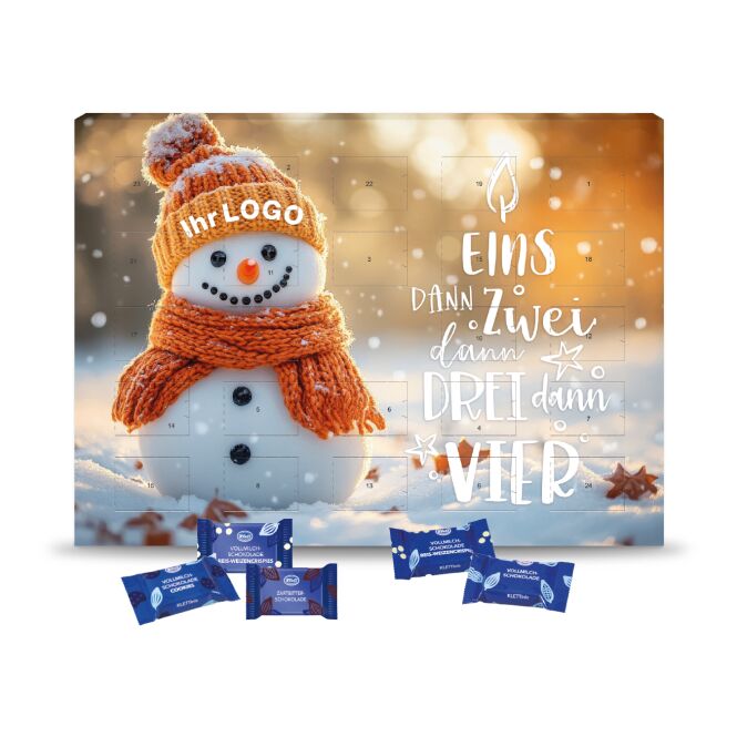 Firmengeschenk Klett Adventskalender – bunt – mit bedrucktem Etikett 96 g als Weihnachtsgeschenk für Mitarbeiter und Kunden