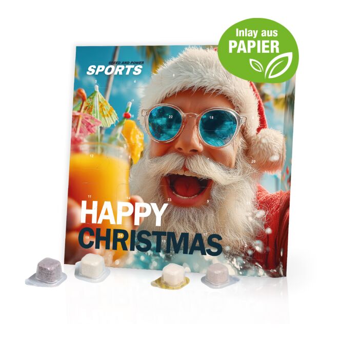Firmengeschenk Waterdrop Tisch-Adventskalender – bunt – mit bedrucktem Etikett 50 g als Weihnachtsgeschenk für Kunden und Partner