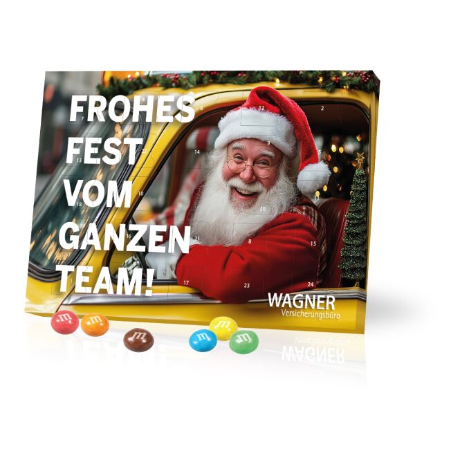 Firmengeschenk M&M® Tisch-Adventskalender – bunt – mit bedrucktem Etikett 24g als Weihnachtsgeschenk für Kunden und Partner