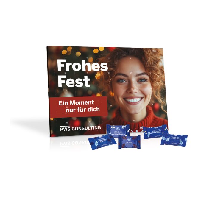 Firmengeschenk Klett Tisch-Adventskalender – weihnachten – mit bedrucktem Etikett 96 g als Weihnachtsgeschenk für Kunden und Partner