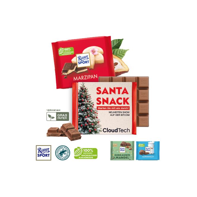 Premium-Werbeartikel Ritter SPORT Schokoladentafel – bunte vielfalt – mit individueller Banderole als Werbemittel für Kunden und Mitarbeiter