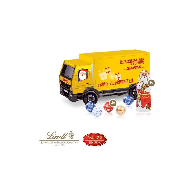 Firmengeschenk Lindt 3D LKW – weihnachten – mit bedrucktem Etikett ca. 150g als Weihnachtsgeschenk für Kunden und Partner im Büro