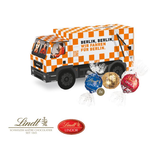 Firmengeschenk Lindt LKW-Modell – nikolaus – mit bedrucktem Etikett ca. 150g als Weihnachtsgeschenk für Kunden und Partner