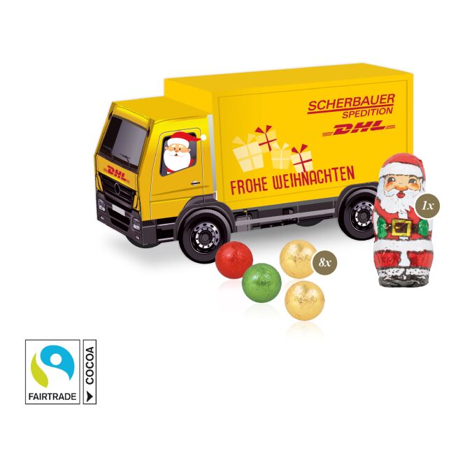 Firmengeschenk Lindt 3D LKW – weihnachten – mit bedrucktem Etikett ca. 120g als Weihnachtsgeschenk für Kunden und Partner im Büro