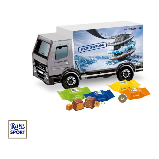 Firmengeschenk Lindt LKW-Modell – bunt – mit bedrucktem Etikett ca. 100g als Weihnachtsgeschenk für Kunden und Partner als festliches Präsent