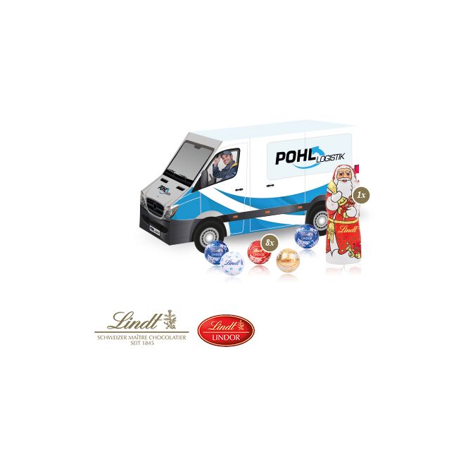 Firmengeschenk Lindt Transporter – weihnachtlich – mit bedrucktem Etikett als Weihnachtsgeschenk für Kunden und Partner mit köstlicher Füllung