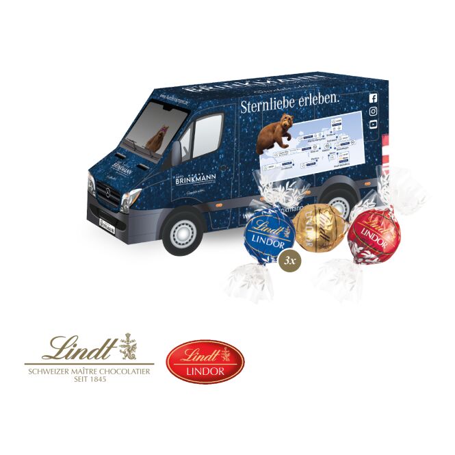 Firmengeschenk Lindt Minis Transporter – bunt – mit individuellem Etikett als Weihnachtsgeschenk für Kunden und Partner