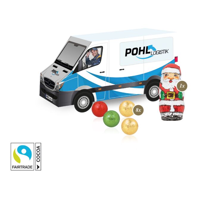Firmengeschenk Lindt Transporter 3D-Modell – bunt – mit bedrucktem Etikett als Weihnachtsgeschenk für Kunden und Partner im Büro