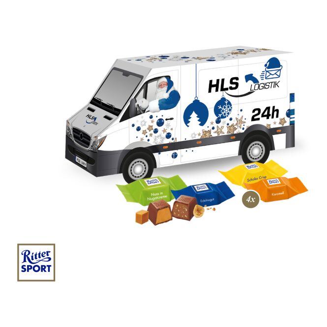Firmengeschenk Lindt Transporter – weihnachtlich – mit bedrucktem Etikett als Weihnachtsgeschenk für Kunden und Partner
