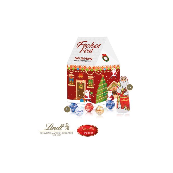 Firmengeschenk Lindt 3D Haus – weihnachten – mit bedrucktem Etikett ca. 75g als Weihnachtsgeschenk für Mitarbeiter und treue Geschäftspartner