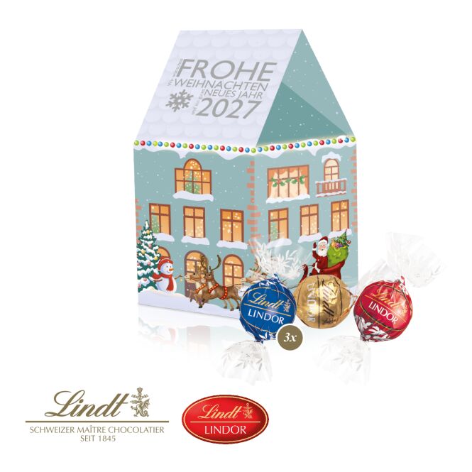 Firmengeschenk Lindt Minis und Nikolaus – weihnachtlich – mit bedrucktem Etikett und 3D Haus als Weihnachtsgeschenk für Kunden und Partner