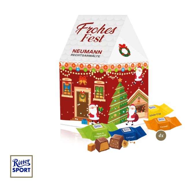 Firmengeschenk Lindt 3D Präsent Haus – weihnachten – mit bedrucktem Etikett ca. 75g als Weihnachtsgeschenk für Mitarbeiter und Kunden