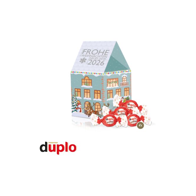 Firmengeschenk Lindt 3D Haus – weihnachten – mit bedrucktem Etikett ca. 100g als exklusives Weihnachtsgeschenk für Kunden und Partner