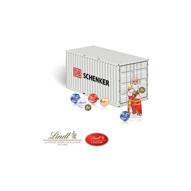 Firmengeschenk Lindt 3D-Container – weihnachtlich – mit bedrucktem Etikett 150g als Weihnachtsgeschenk für Kunden und Partner