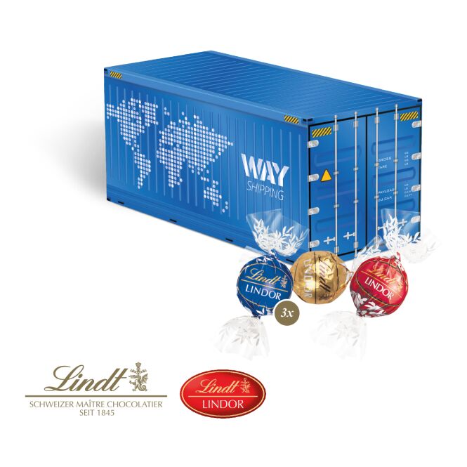 Firmengeschenk Lindt 3D Container – weihnachtlich – mit bedrucktem Etikett als hochwertiges Weihnachtsgeschenk für Kunden und Partner