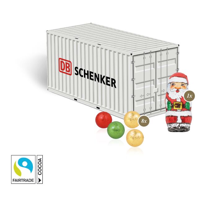 Firmengeschenk Lindt Container 3D Präsent – weihnachtlich – mit bedrucktem Etikett 50g als Weihnachtsgeschenk für Kunden und Partner