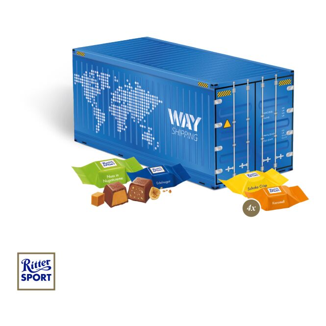 Firmengeschenk Lindt Minis Container – weihnachtlich – mit bedrucktem Etikett 150g als Weihnachtsgeschenk für Kunden und Partner
