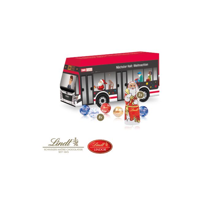 Firmengeschenk Lindt Minis Bus – weihnachtlich – mit bedrucktem Etikett als Weihnachtsgeschenk für Mitarbeiter und Kunden in 3D-Optik