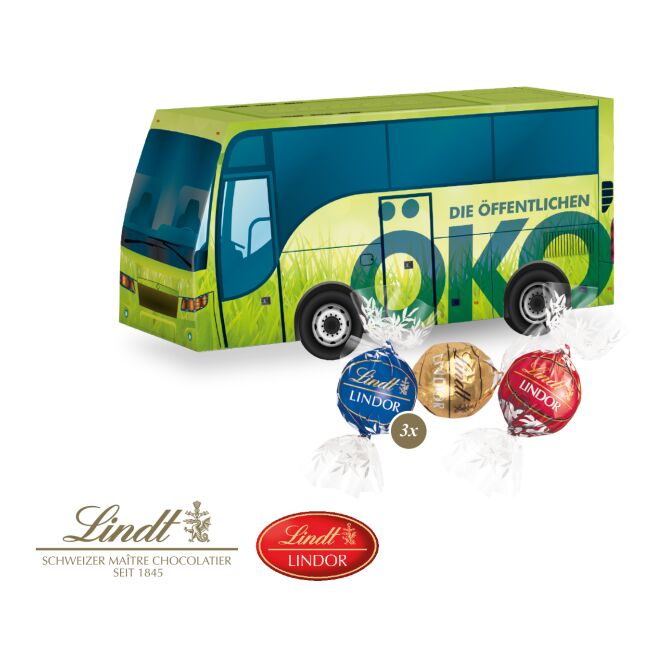 Firmengeschenk Lindt Bus – weihnachten – mit individueller Banderole als Weihnachtsgeschenk für Kunden und Mitarbeiter 100g 3D Werbeartikel
