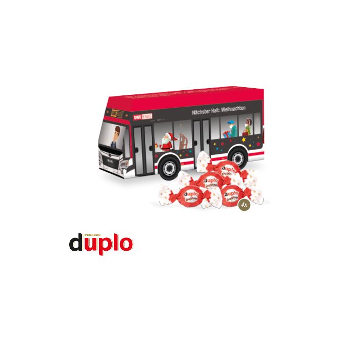 Firmengeschenk Lindt Minis Bus – weihnachtlich – mit bedrucktem Etikett als Weihnachtsgeschenk für Kunden und Partner sowie Mitarbeiter