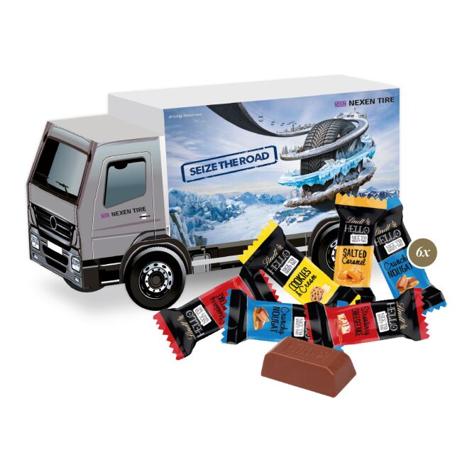 Firmengeschenk Lindt LKW 3D-Präsent – nikolaus – mit bedrucktem Etikett ca. 100g als Weihnachtsgeschenk für Kunden und Partner