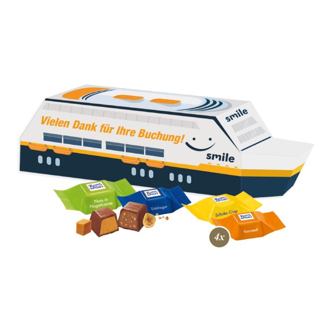 Firmengeschenk Lindt Minis Schiff – weihnachtlich – mit bedrucktem Etikett als Weihnachtsgeschenk für Kunden und Partner sehr beliebt