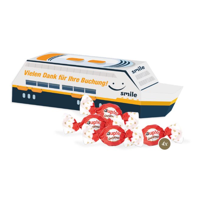 Firmengeschenk Lindt Minis Schiff – weihnachtlich – mit individuellem Etikett als hochwertiges Weihnachtsgeschenk für Kunden und Partner