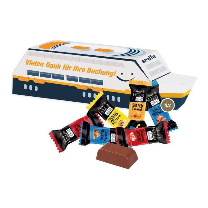 Firmengeschenk Lindt Schiff 3D-Präsent – weihnachtlich – mit bedrucktem Etikett als Weihnachtsgeschenk für Kunden und Partner