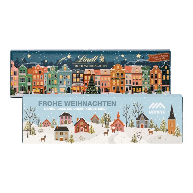 Firmengeschenk Lindt Schokoladentafel Frohe Weihnachten – weihnachtlich – mit individuellem Werbeschuber 300 g als Weihnachtsgeschenk für Kunden und Partner