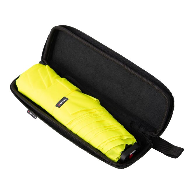 Premium-Werbeartikel Taschenschirm Knirps X4U – neongelb – mit Logodruck 130g leicht kompakter Regenschirm für Firmenfeiern