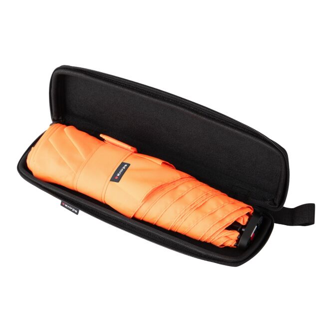 Firmengeschenk Taschenschirm Knirps X4U – neonorange – mit Logodruck 130g leicht kompakter Regenschirm für den Firmenauftritt