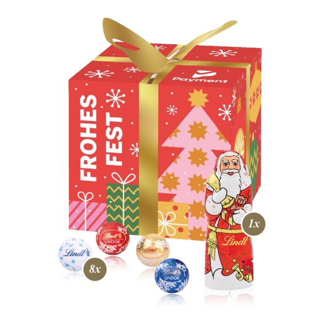 Firmengeschenk Lindt Minis und Nikolaus – weihnachtlich – mit individuellem Etikett 50 g als Weihnachtsgeschenk für Kunden und Partner