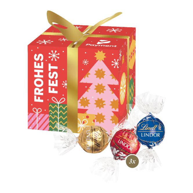 Firmengeschenk Lindt Lindor Pralinés – weihnachtlich – mit bedrucktem Etikett 37,5 g als Weihnachtsgeschenk für Kunden und Partner