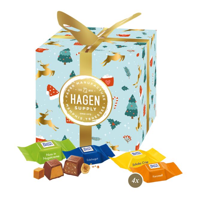 Firmengeschenk Ritter SPORT Schokowürfel Feine Bescherung – bunt – mit individueller Banderole 32 g als Weihnachtsgeschenk für Kunden und Partner