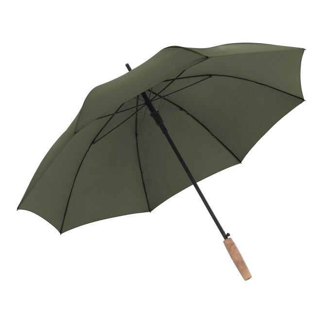 Firmengeschenk Taschenschirm Knirps Timber Stick – olivgrün – mit Logodruck, Buchenholzgriff, rPET-Dach, robuster Regenschirm