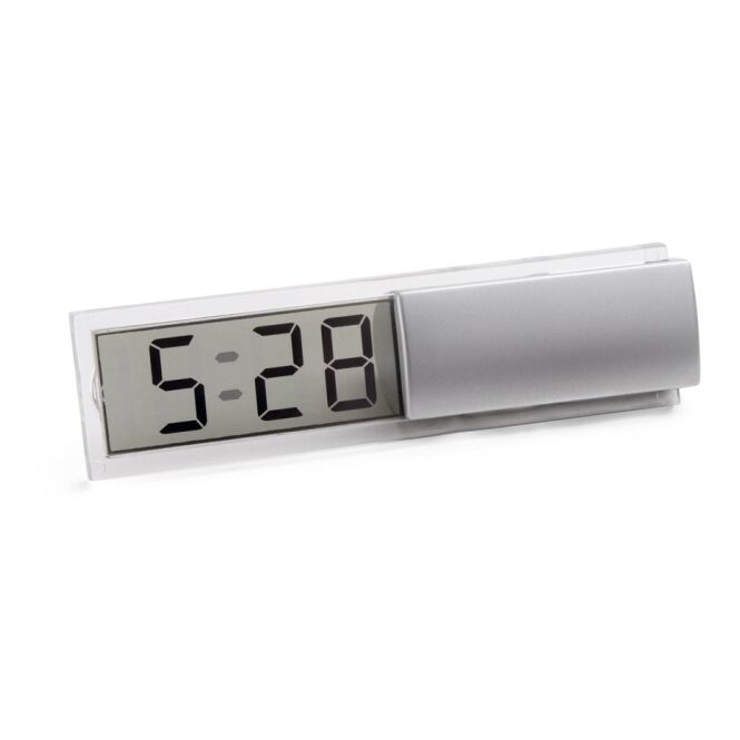 Werbeartikel Wecker HENRY – satinsilber – mit Logo bedruckt LCD-Display 105x30x27 mm kompakter Reisewecker zur Zeitorganisation