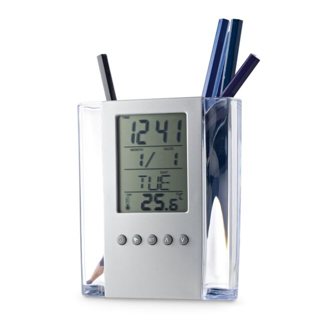 Büro-Ausstattung Tischuhr EDEM – satinsilber – mit Logo bedruckt, LCD-Anzeige, Kalender, Thermometer, 95x118x50mm